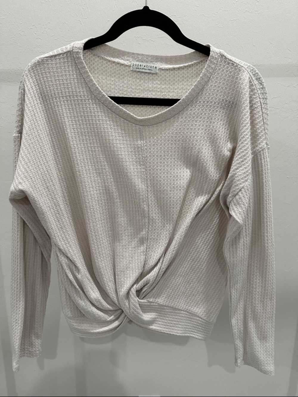 Paper Crane Light Cream Waffle Knit Twist Hem Long Sleeve Top